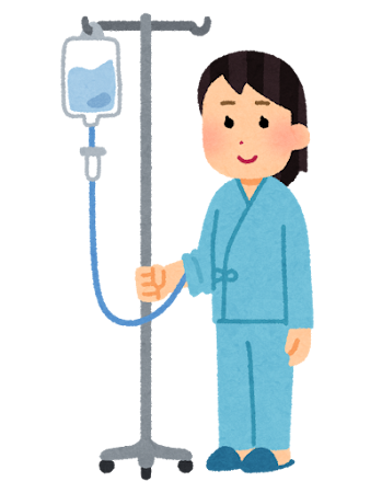 点滴スタンドを持って歩く入院中の女性のイメージ(イラスト)