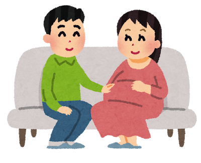 妊娠中の奥さんのお腹に手を当てて、いたわる旦那さんのイメージ(イラスト)