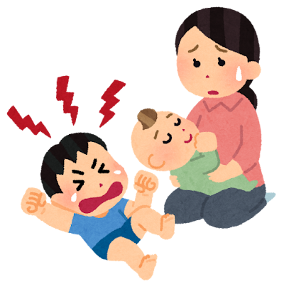 赤ちゃんを抱っこするママと、赤ちゃん返りで泣く上の子のイメージ（イラスト）
