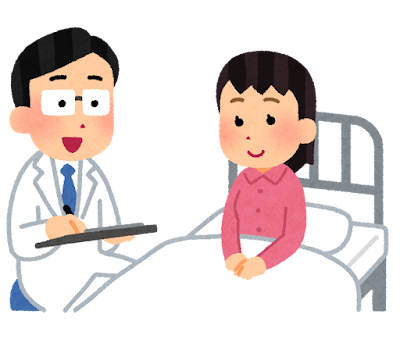 入院中の女性と、話を聞くお医者さんのイメージ（イラスト）