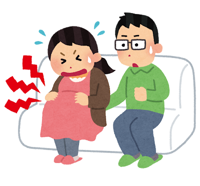 陣痛に苦しむ妊婦さんと、そばにいる夫のイメージ（イラスト）