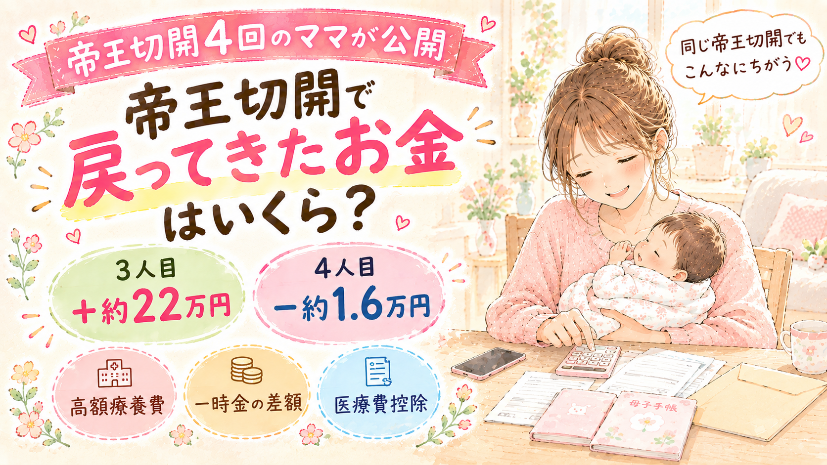 帝王切開で戻ってきたお金はいくら？3人目は＋約22万円、4人目は−約1.6万円。高額療養費・一時金の差額・医療費控除